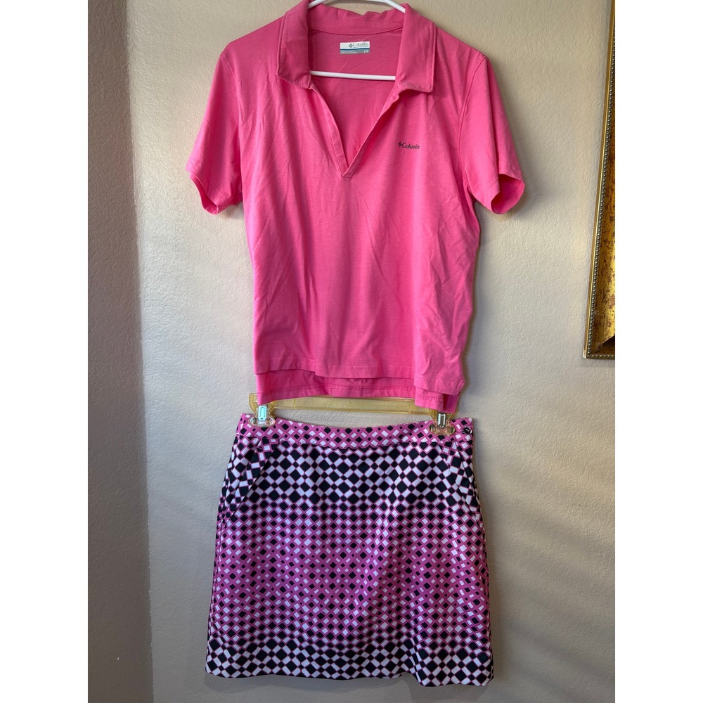 Columbia Pink Polo Shirt and EP Pro Geometric Golf Skort Set Women Large Size 8